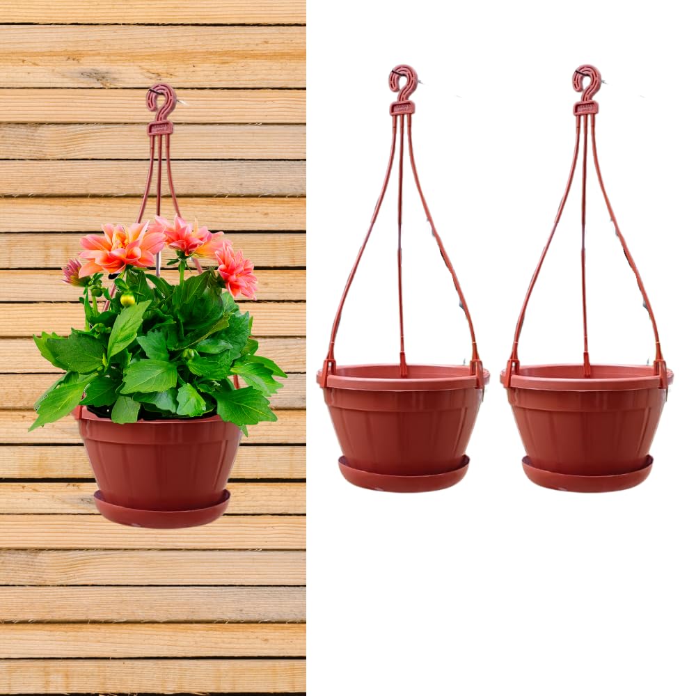 KUMUDAM Heavy Duty 8 Inch Plastic Decorative Hanging Flower Pots | Stylish Flower Pot with Drainage Pate (2, Brown) (B0DGLMGXLF) Amazon Price History, Amazon Price Tracker