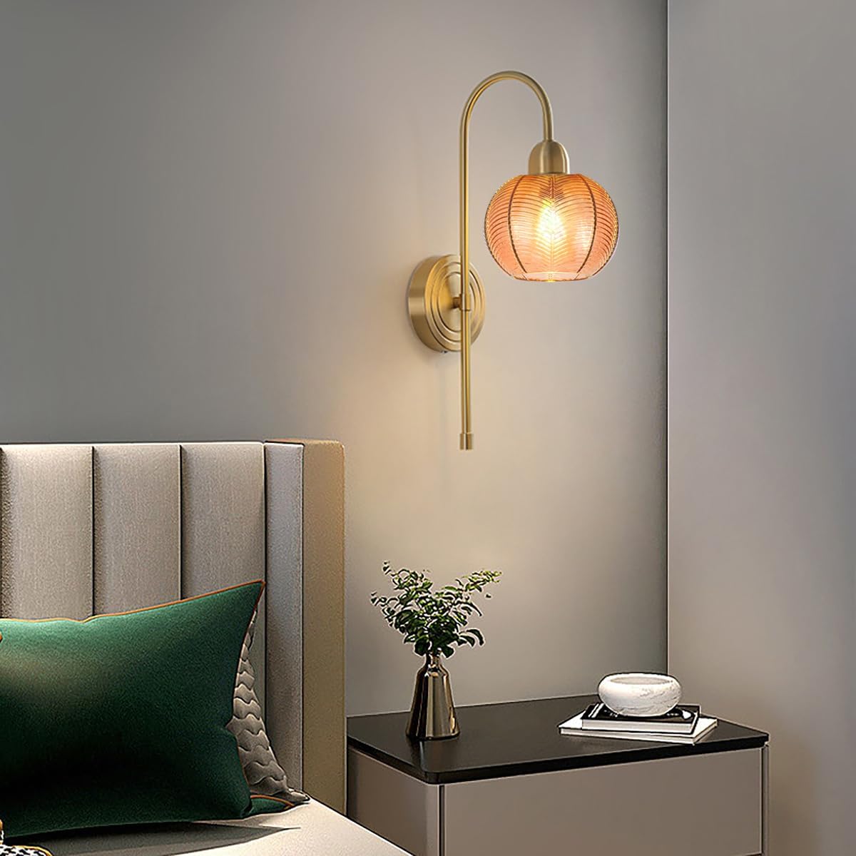 Gold Wall Sconce Light Brass Bedroom Wall Light Fixtures Amber Glass Wall Lamp Ribbed Glass Shade Mid Century Modern Vanity lamp 1-Light for Over Mirror Bathroom Bedside Hallway