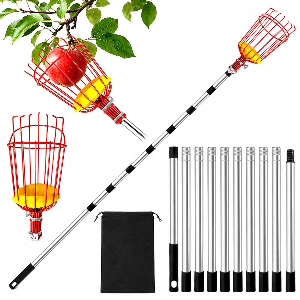 Raccoglitore per mele con manico telescopico, 4,3 m, colore: rosso