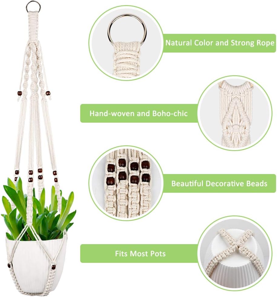 AerWo 4 Pack Macrame Plant Hanger Indoor Hanging Planters + 8 Pcs Hooks, Handmade Hanging Plant Holder Baskets Stand Flower Pot Holder with Wood Beads for Indoor Outdoor Boho Home Decor (4 Styles)