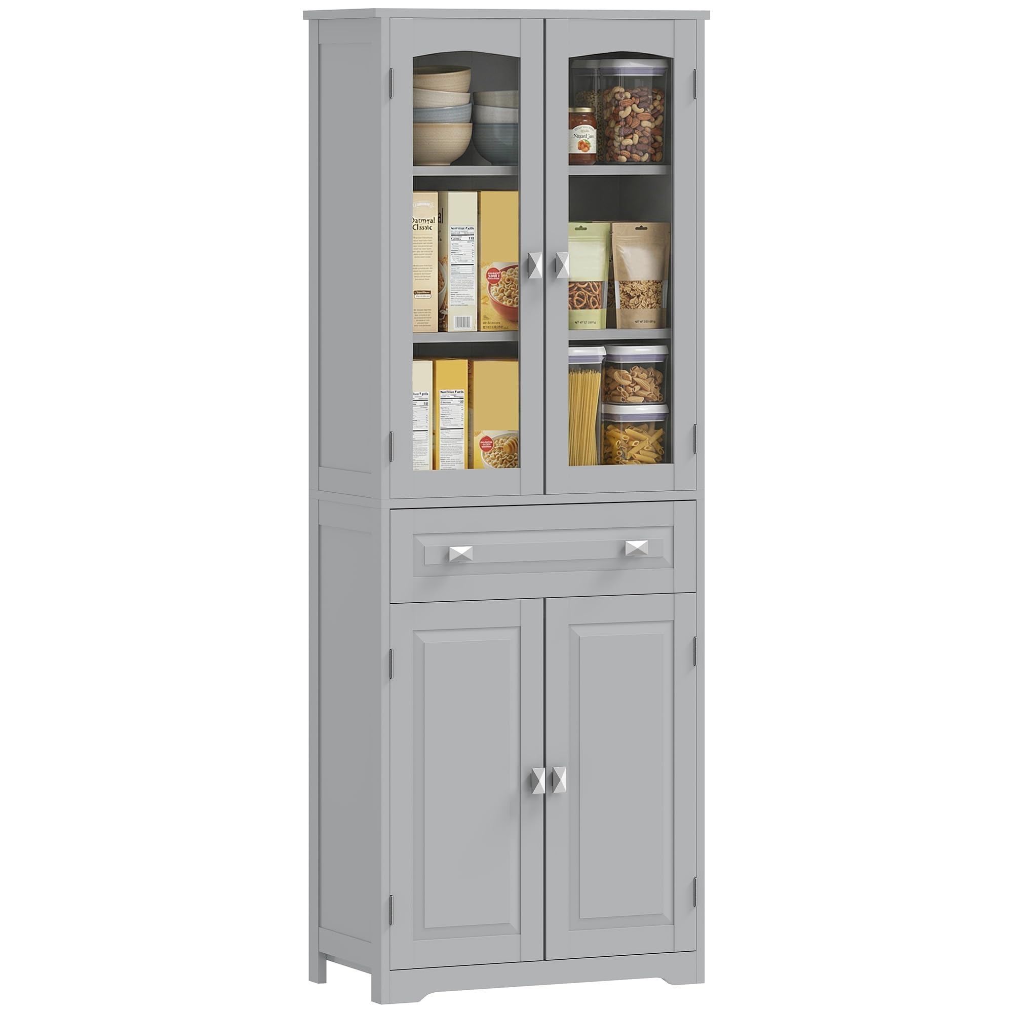 HOMCOM Kitchen Cupboard, Freestanding Storage Cabinet with 2 Adjustable Shelves, Drawer and Glass Door for Living Room, Dining Room, 160cm, Grey