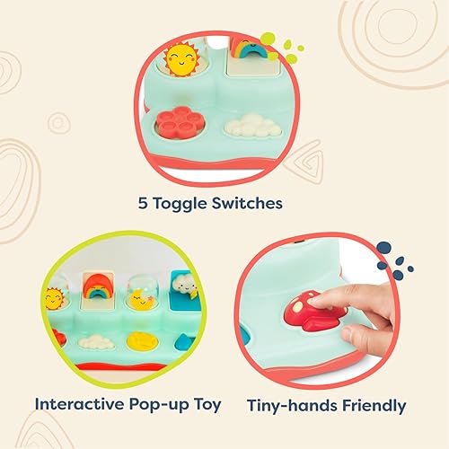 Miniatura 5 de B. toys - Pop-Up Buddies- Juego de causa y efecto - Juguetes de aprendizaje para bebés - Juguete interactivo con sol, arco iris, estrella - 18 meses