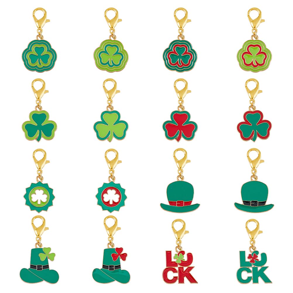 16Pcs 16Styles Alloy Enamel Pendants, Saint Patrick's Day Themed Charms Pendant with Lobster Claw Clasps Clover Charms Crochet Stitch Marker Green Pendants