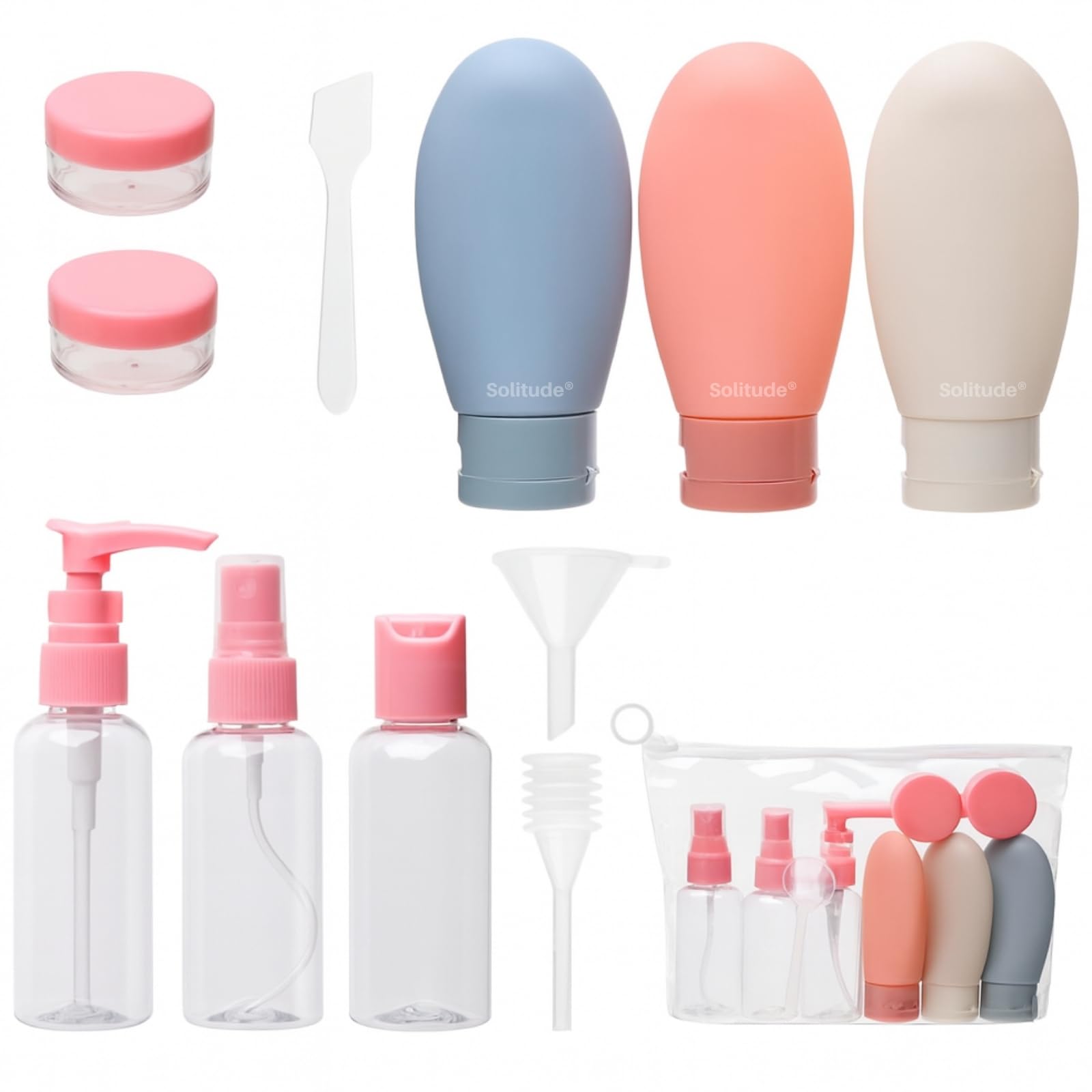 Solitude 11 PCS Travel Bottles Kit for Toiletries Organizer Leak Proof Refillable Squeezable Containers Set with Clear Storage Bag for Lotion Shampoo Conditioner Cosmetic Shower Gel Hand Wash-image-44