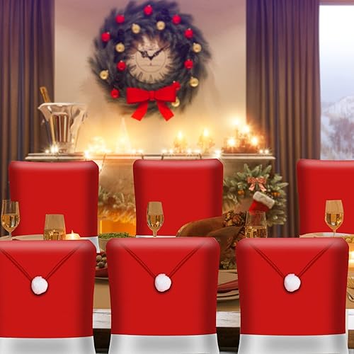 Miniatura 1 de KIMOBER Juego de 6 fundas de Navidad para silla de Navidad sombrero de Papá Noel fundas de silla de Navidad para decoración de comedor de Navidad