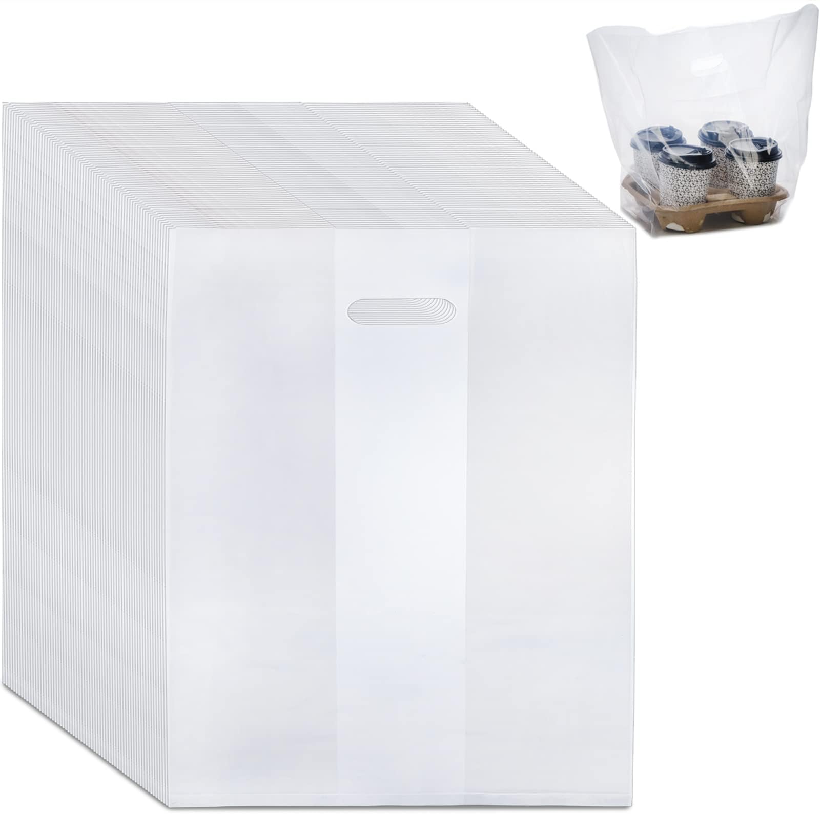 DEAYOU 100 PCS Clear Cup Carrier with Handle, Large PE Plastic Packaging Bag Cup Holder for 4-Cup Drink Carrier Coffee Tray, 9"Lx17"H Take Out Hanging Hole Beverage Carrier for Delivery, Juice, Store