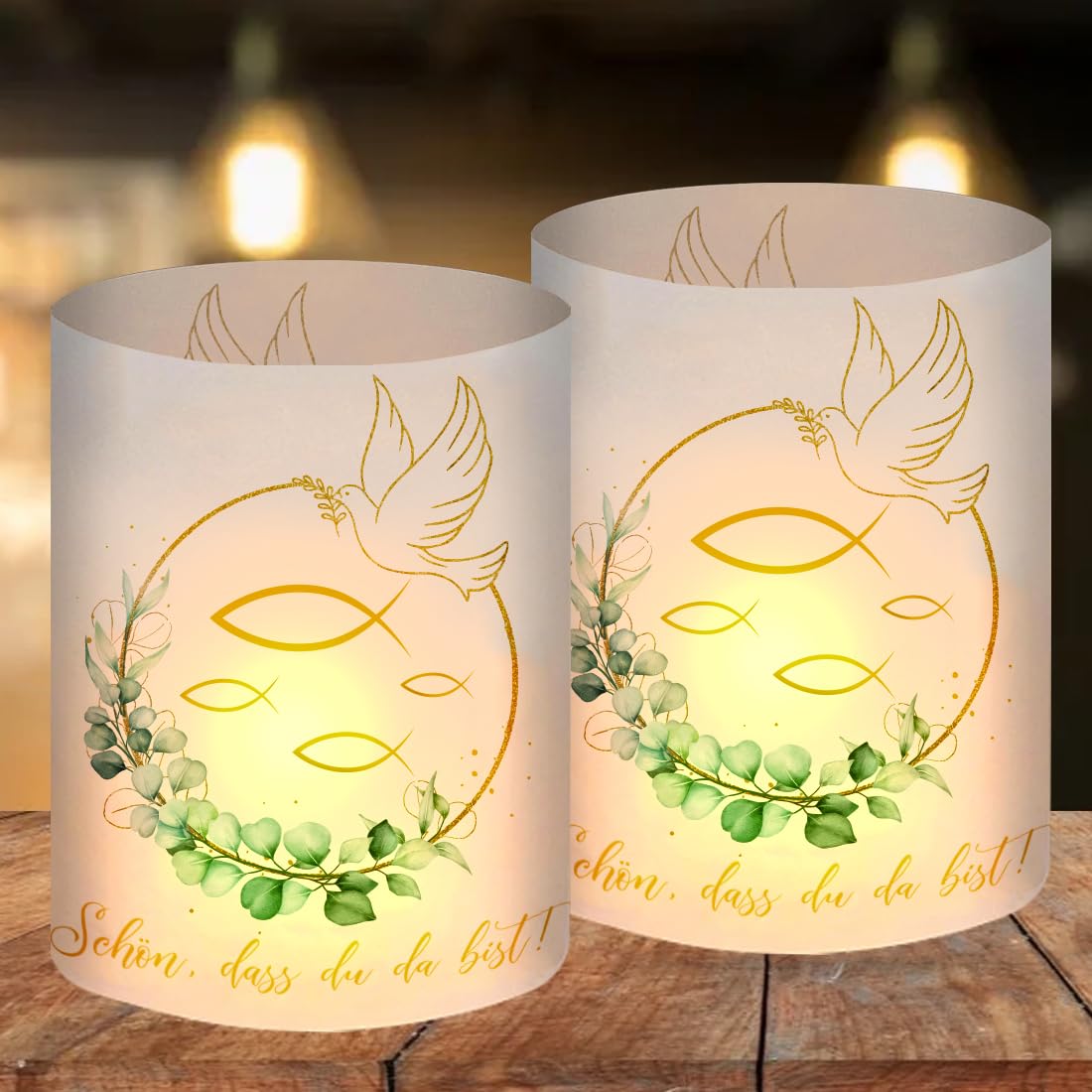 12 Stück Windlicht Tischdeko Taufe, Teelicht Deko Kommunion Fisch Konfirmation Taufe Firmung, Erstkommunion Deko, Windlichter für Konfirmation Taufedeko Junge Mädchen Kommunion Gastgeschenk