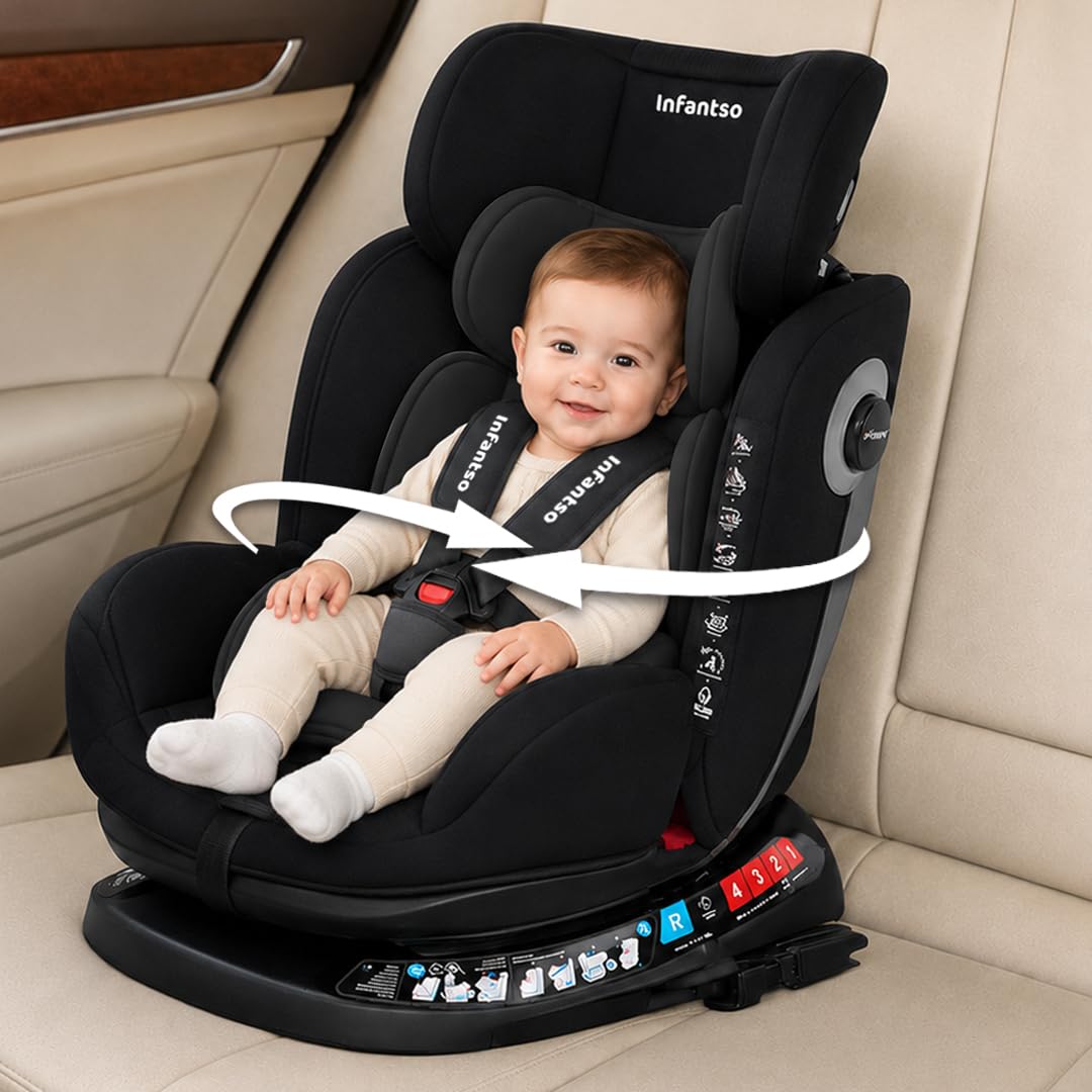 Infantso RIDE-ON 360° Rotating Recliner Baby Car Seat - Convertible Car Seat for Baby & Kids | New Born to 12 Years, Forward Facing & Rear Facing, 5-Adjustable Recline Levels, Adjustable Headrest with 3-Point Safety Harness (All Black)-image-14