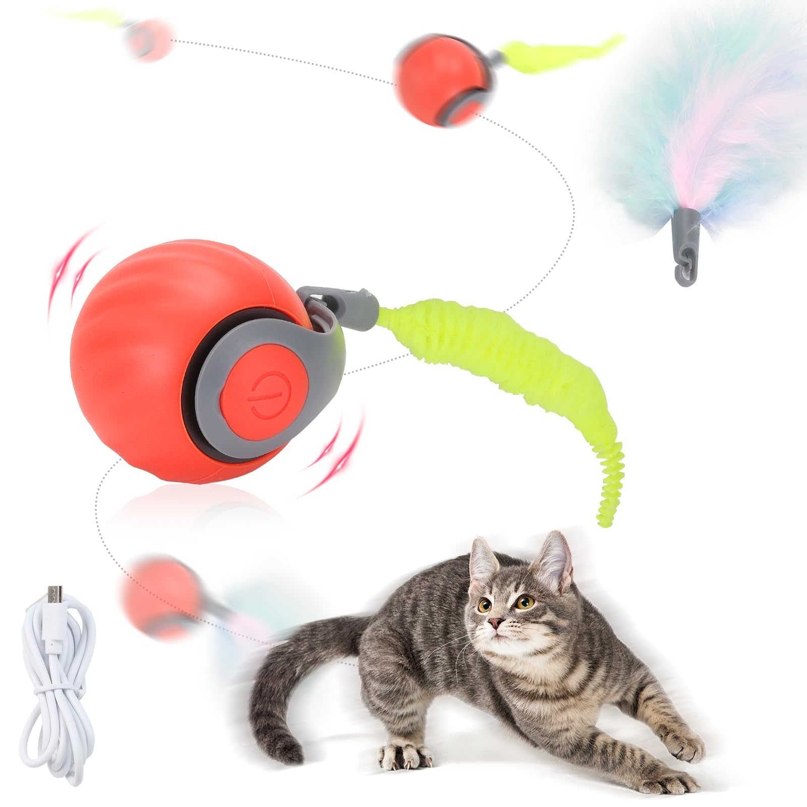 GoldSuccess Speedy Tail Automatic Cat Ball Toy Self Rolling Moving Self-Rotating Cat Exercise Ball USB Rechargeable Interactive Hunting Cat Toy (