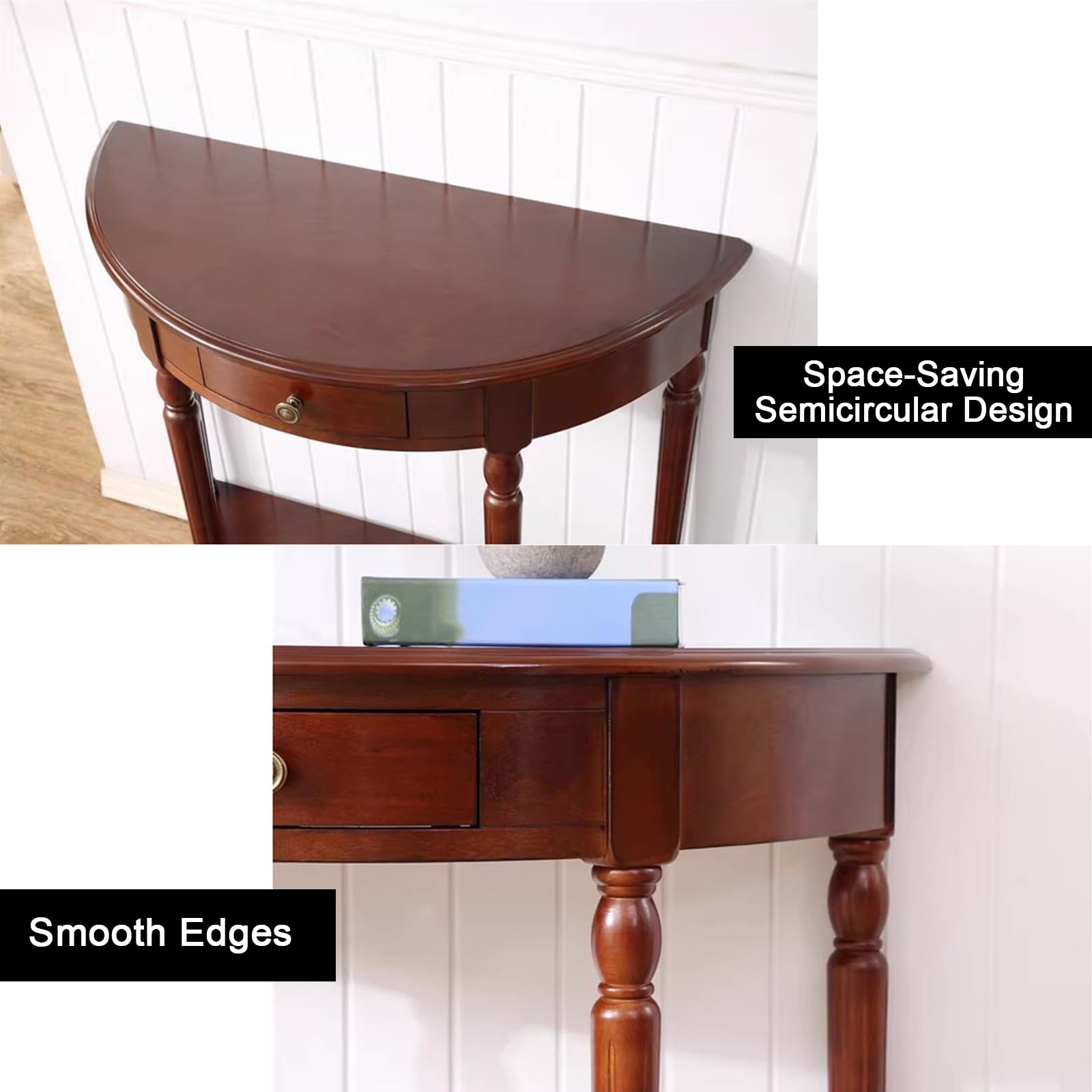 Mesa Consola de Media Luna de Madera Maciza con Cajones y Estantes, Mesa Auxiliar de Entrada de Dos Niveles En Forma de Semicírculo, Elegante Mesa de Sofá Vintage (veta De Madera De Cerezo)(800x350x80