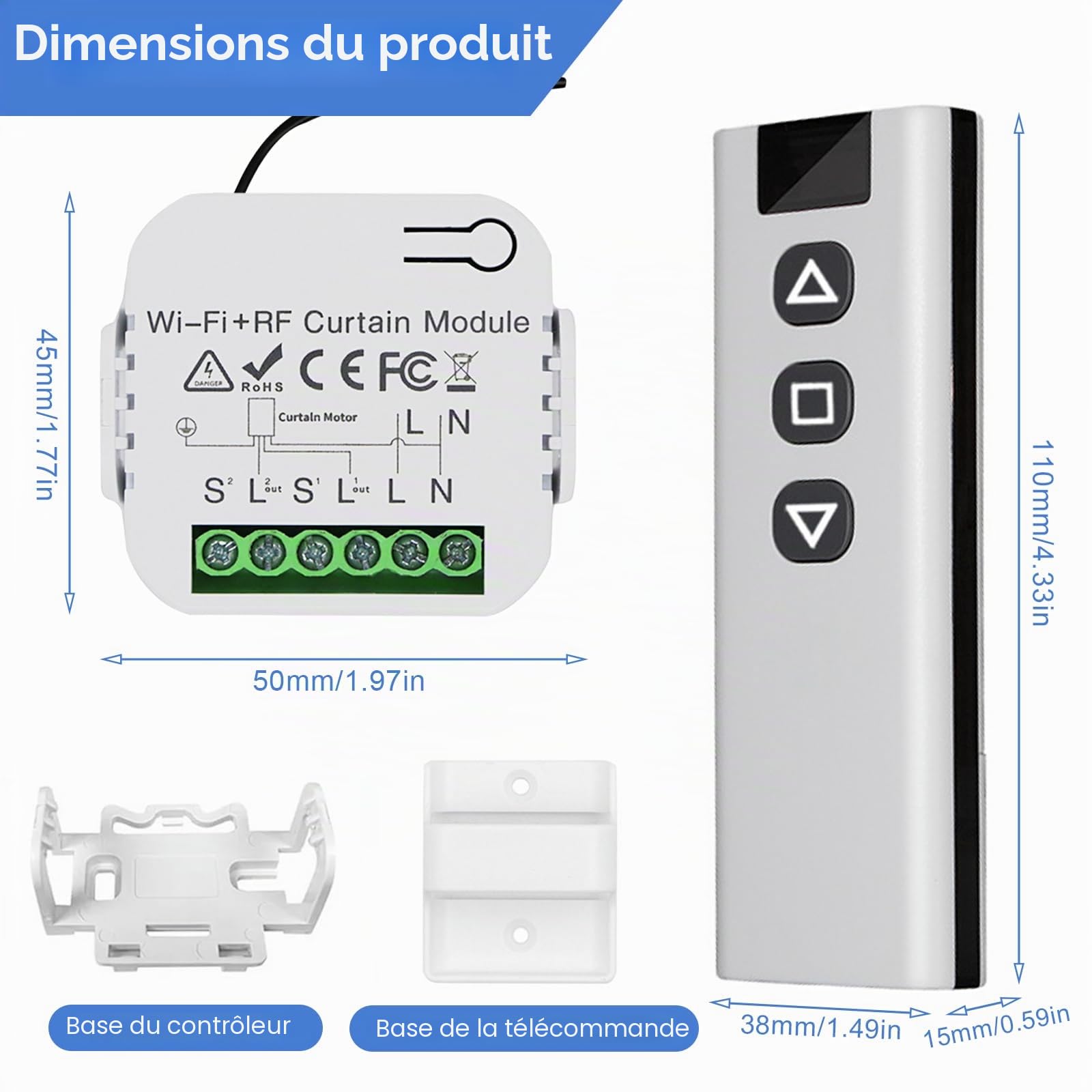 Kit de commande de volet roulant sans fil, télécommande avec module WIFI-RF et module de récepteur, interrupteur sans fil pour volets roulants, stores, application Wi-Fi Tuya compatible avec