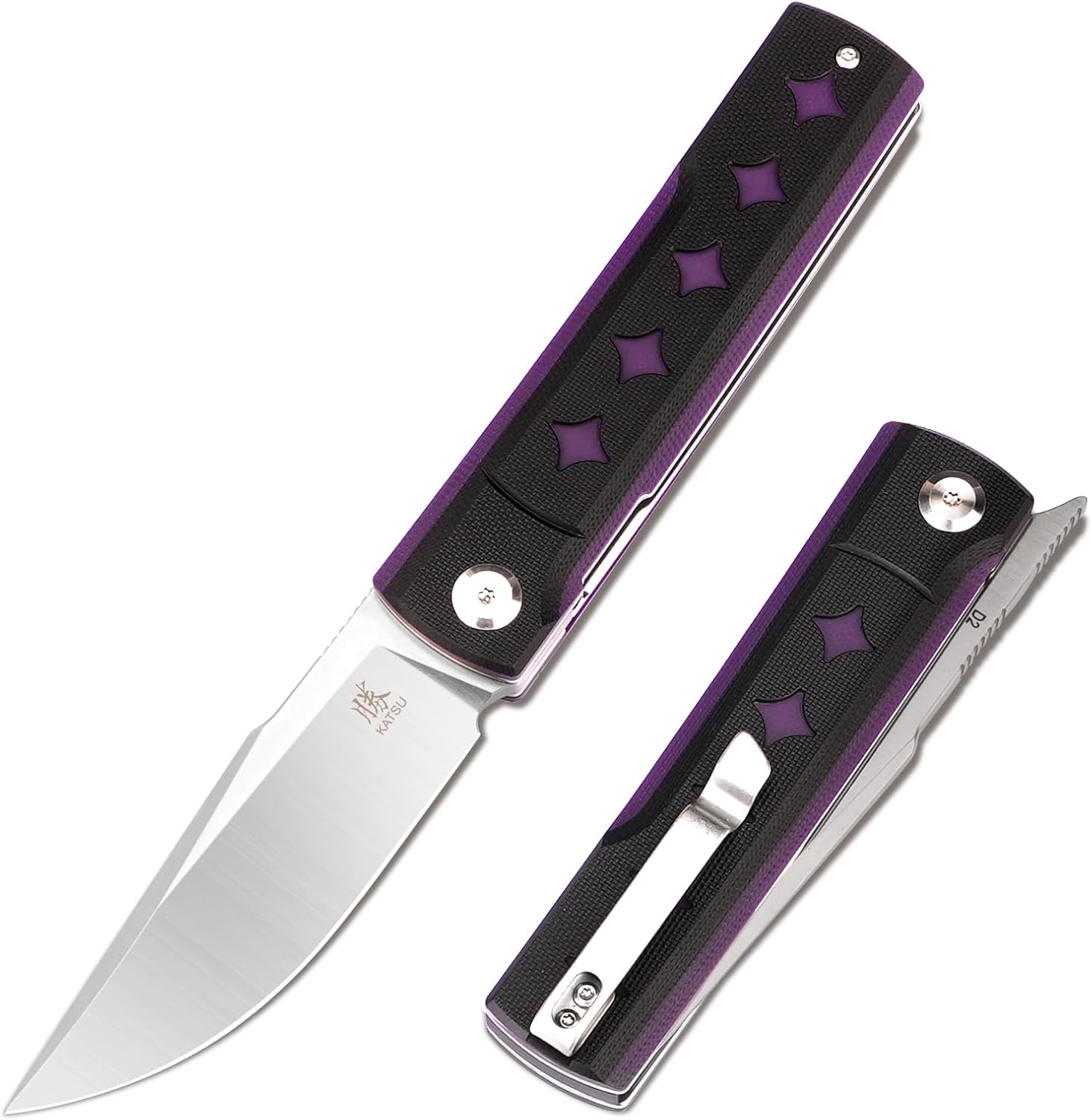 KATSU 3.3" D2 Steel Pocket Folding Knife, G10 Handle Utility EDC Tool, Smooth Pivot & Deep Carry Clip for Camping, Hiking, and Daily Use