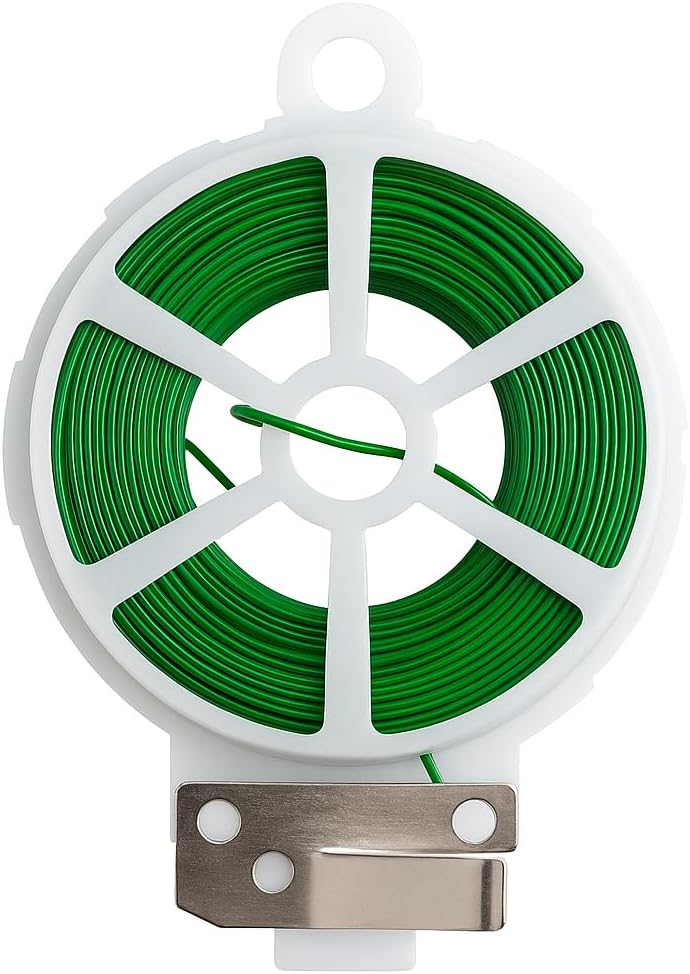 Arame Plastificado para Jardinagem, Bobina de 50 Metros, com Cortador e Suporte, Fio Verde Revestido, Flexível e Durável para Amarrar Plantas, Jardinagem, Hortas e uso em Geral.
