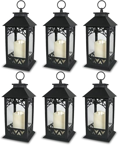 BANBERRY DESIGNS Farol decorativo de plástico negro LED con techo de temporizador de 5 horas y anillo para colgar, 13 pulgadas de alto, paquete de 6