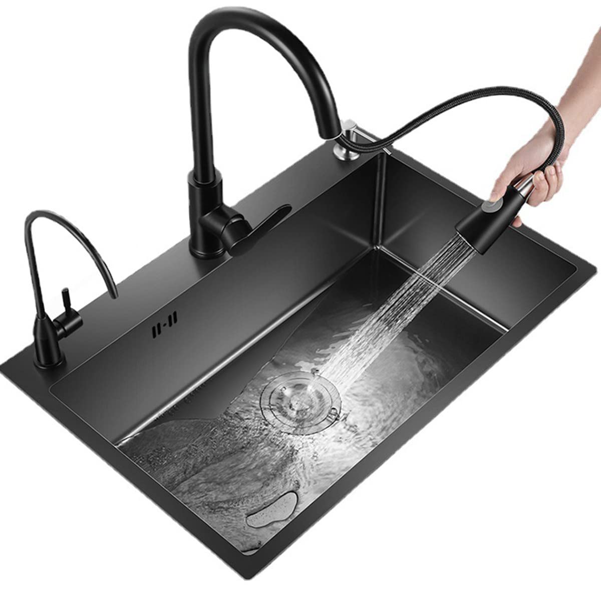 ZQFHSX 304 Stainless Steel Kitchen Sink 75x45cm Undermount with Pull Down Faucet & Drain ComponentsWaterfall Design Durable Stylish Basin