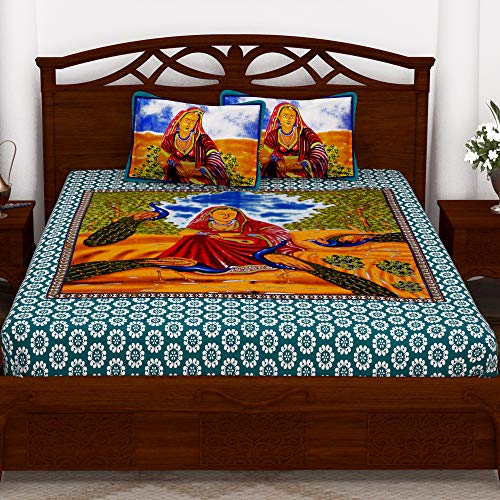 Image of Story@Home Vintage Jaipuri Collection 152 TC Cotton 1 Bedsheet for Double Bed and 2 Pillow Cover - Floral, Blue
