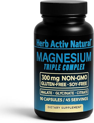 Magnesium Triple Complex 300 mg - Citrato de malato glicinato - Sin OMG Sin gluten Sin soja - Soporte para nervios musculares - 90 cápsulas