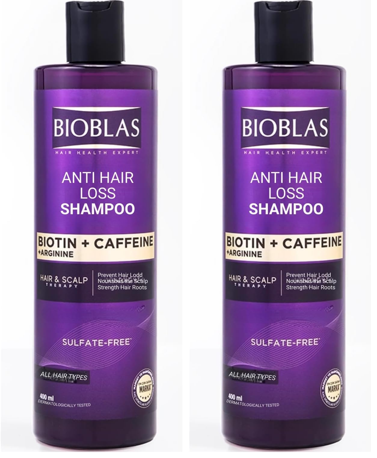 Bioblas Biotin Kafein Arjinin Şampuan – Saç Dökülmesine Karşı Güçlü Bitkisel Formül, Sülfatsız, BIOCOMPLEX B19 ile, 400 ml (2 paketi)