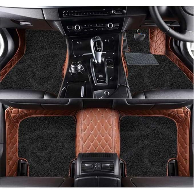 Image of Superior 7D Car Floor Mat Full Set for Mahindra Alturas G4, 7 Layer Protection Mats, Leather with Curly Car Foot Mat with Heal Pad, Anti-Skid & Waterproof Tan Beige with Black Curly