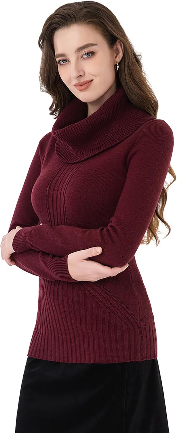 AmélieBoutik Women Cowl Neck Long Sleeve Pullover Tunic Sweater Casual Slim Fit Cable Knit Jumper(Red Medium) - Image 4