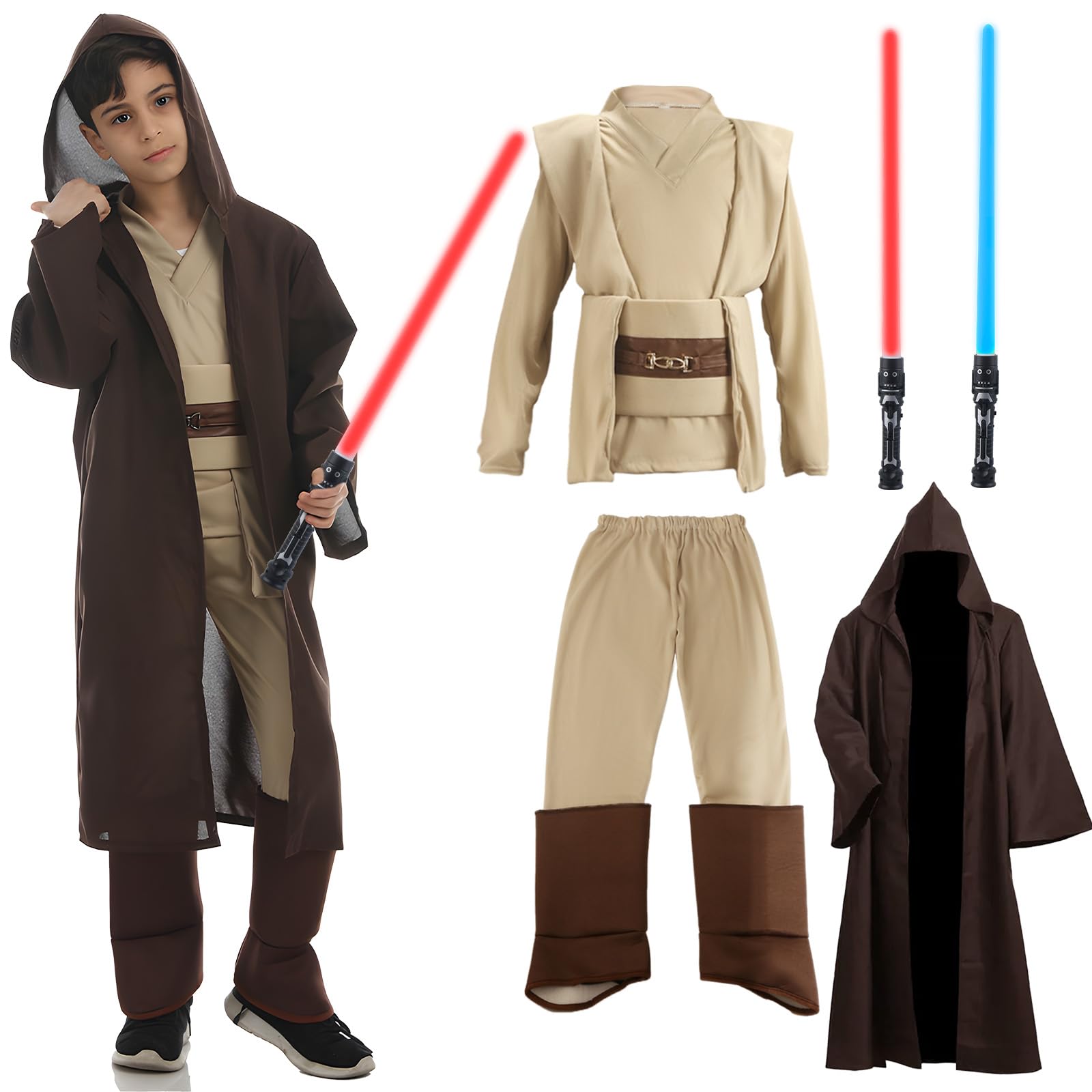 Aitsite Je-d Costume Kids, Tunic Hooded Robes with Lightsaber