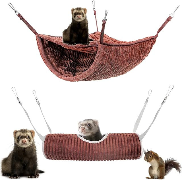 Small Animal Hammock and Tunnel Ferret Bed Hamster Hanging Hideout Tunnel Tube Toy Guinea Pigs Cage Accessories (Brown)