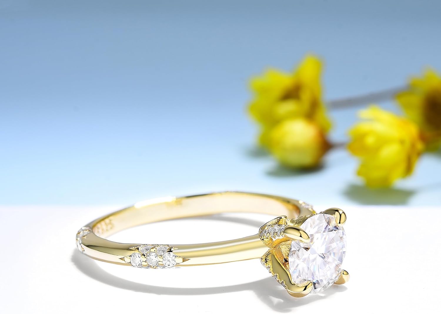 Moissanite Rings For Women 1CT D Color VVS1 Brilliant Round Cut Engagement Rings 925 Sterling Silver Promise Rings with 14K Yellow Gold Plated Wedding Bands For Her
