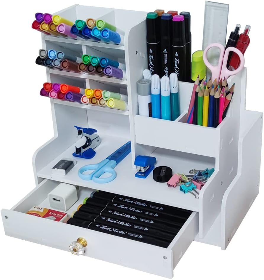 KINVVR White Multifunction Desktop Tidy With Drawers,Office stationery