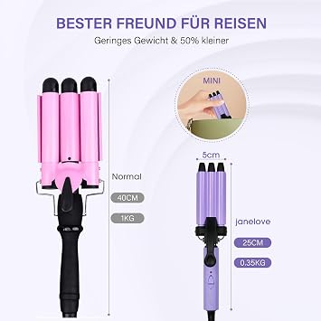 13 mm Wave Iron for Hair - janelove Mini Curling Iron 3 Barrels Wave Iron for Short Hair 200°C Ceramic Beach Waves Curling Iron Perfect for Travel - Purple