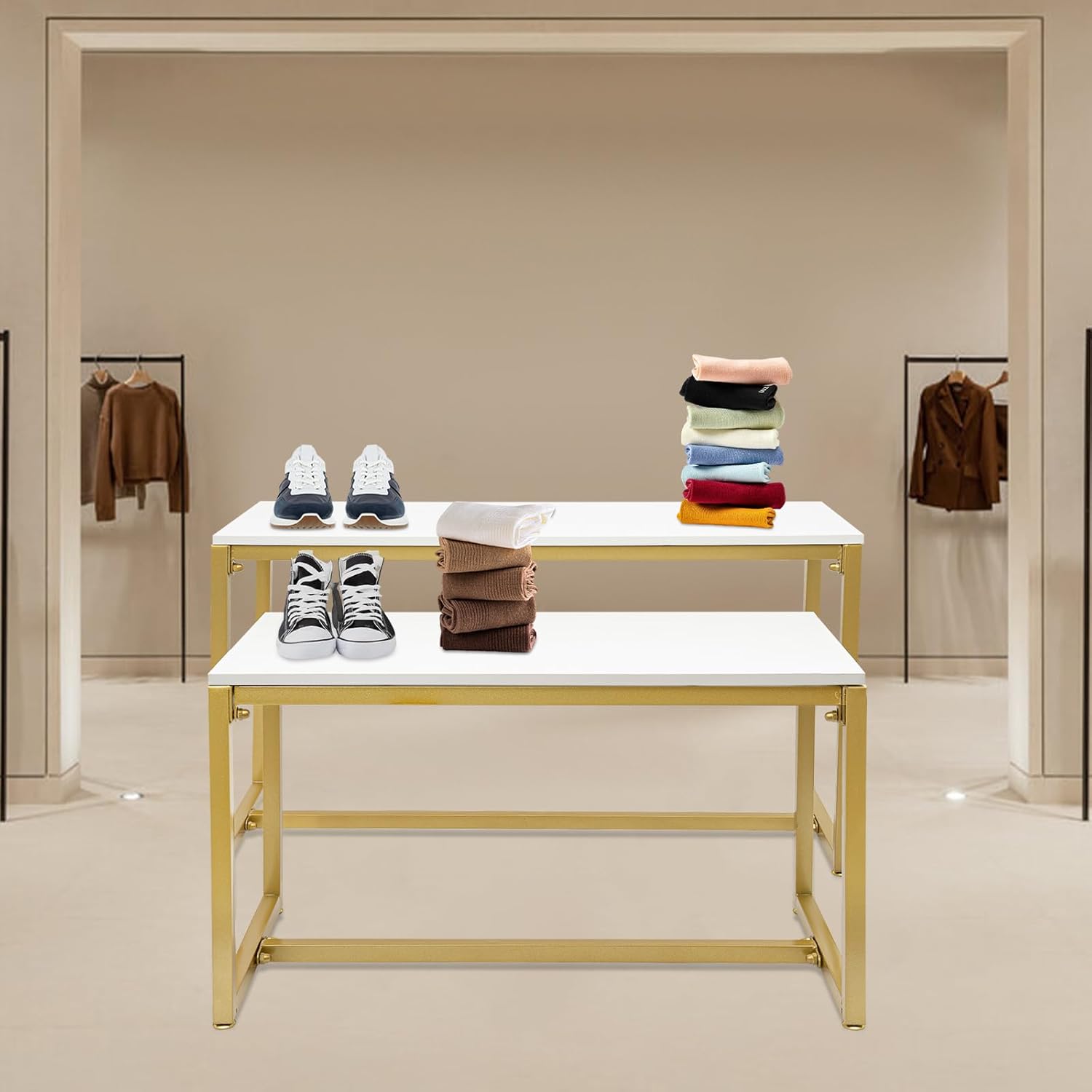 2 PCS Metal Shoe Handbag Display Stand,110.23 LBS Nesting Tables, Heavy Duty Countertop Risers,High Stability Display Riser Shelf For Retail Stores,Homes,Clothing Shops, Hotels, Gold (Style #1)