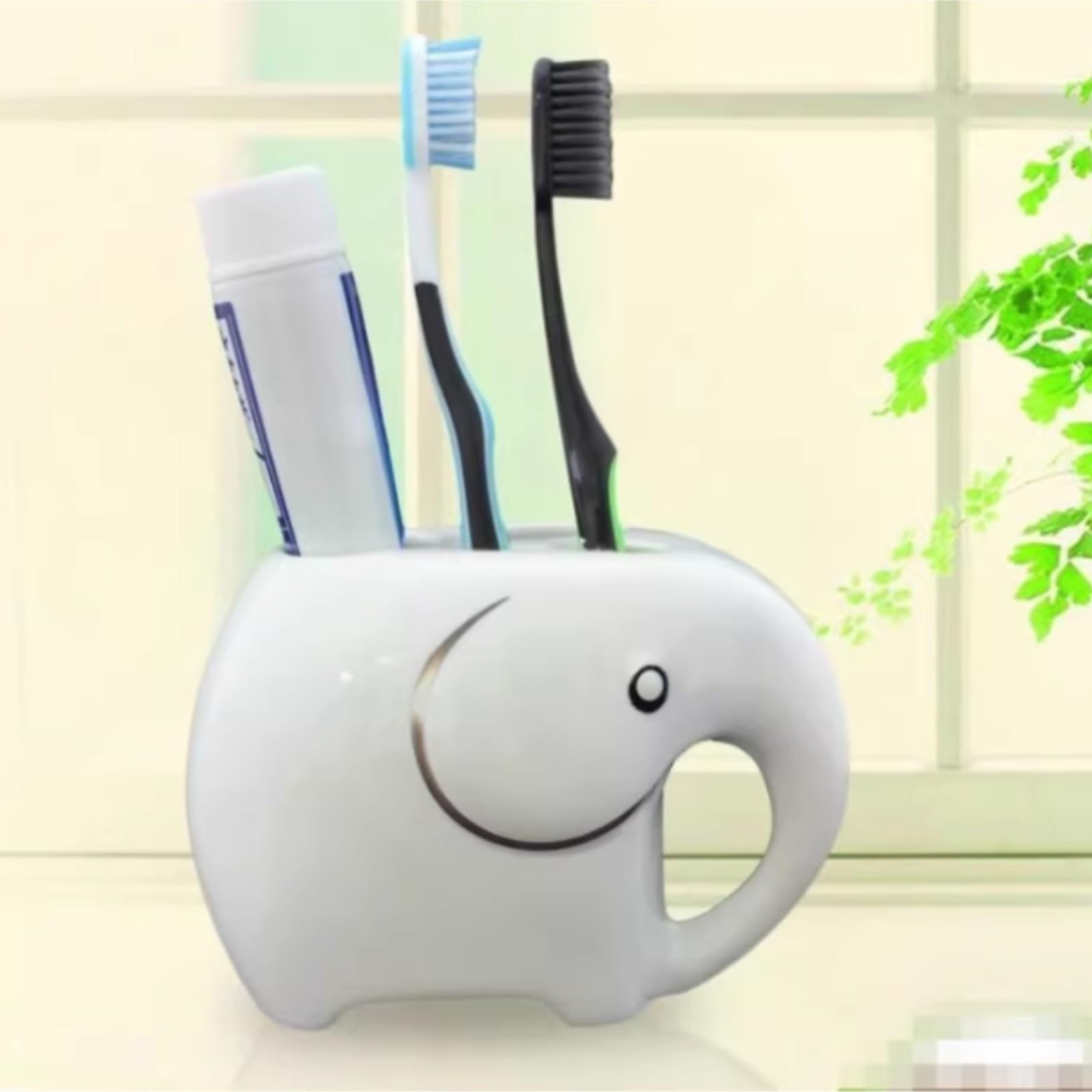 Porta Spazzolino Decorazione, Portaspazzolino In Ceramica A Forma Di Elefante Con Ripiano Del Bagno Foro Scarico Multifunzione Moderno(4-hole)