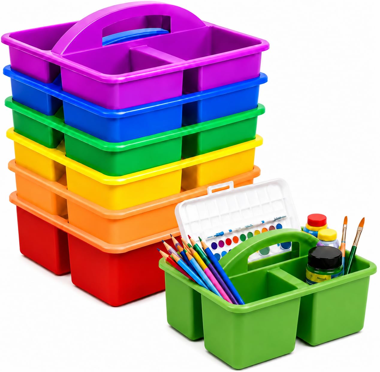 vulkarb Pack of 6 plastic storage baskets with dividers, portable stackable organizing baskets with handles, brightly colored, suitable for classroom storage of art supplies, stationery, and crafts.