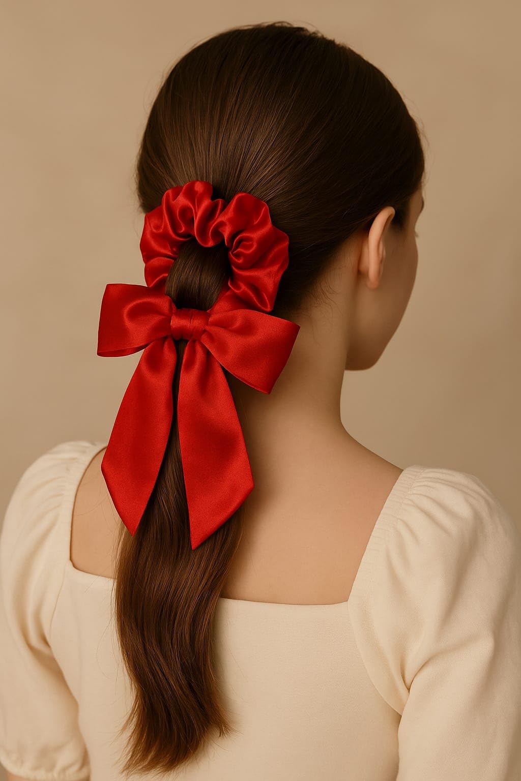 Kırmızı Saten Fiyonklu Saç Tokası, Elastik Scrunchie,Saç Acıtmayan Toka