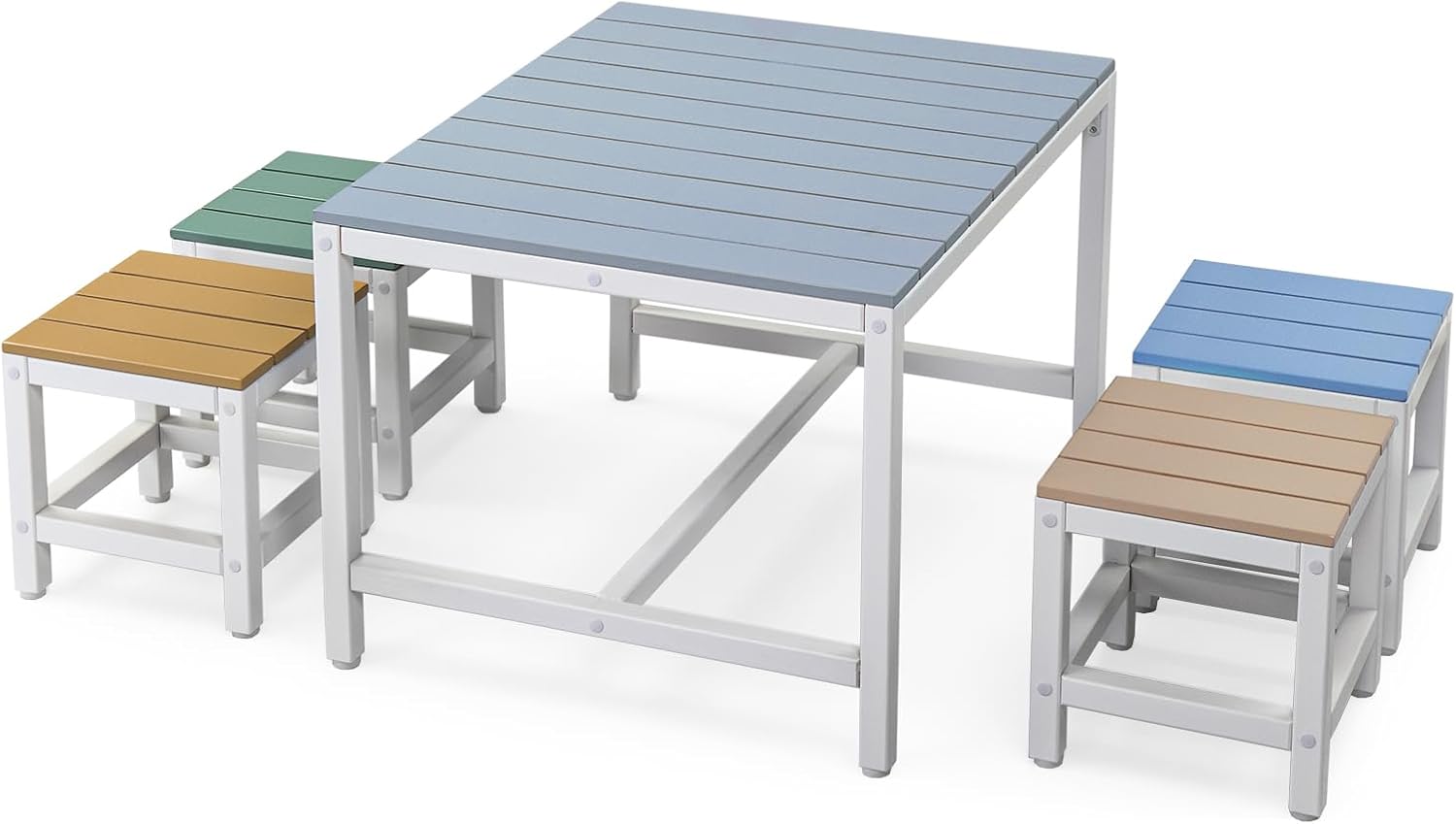 5 Piece Patio Table and Chair Set,Wooden Modern Activity Tables,Indoor Outdoor Picnic Tables Set,Wood Reading Dining Table & Stool,for Patio Backyard Garden (Khaki-Pink-Purple-Blue-Green)