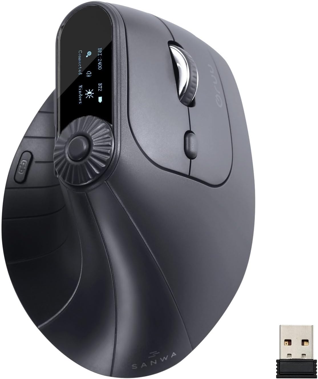 SANWA Ergonomic Vertical Mouse with LED Screen, Knob Control, 5 Programmable Buttons, 57° Angle, 4-Device Connect(2.4G /Bluetooth/Wired), 800-2400 DPI, Rechargeable Mice for Windows, Mac, Laptop, PC
