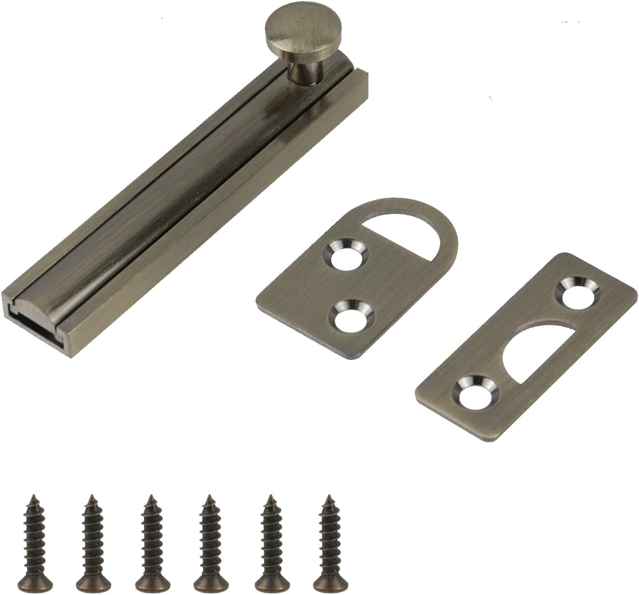 Antrader 1Pcs Solid Brass Surface Bolt,Antique Brass Brushed,3",Slider Door Lock,Barrel Bolt Lock Hardware for Wooden Fence Yard Shed Barn