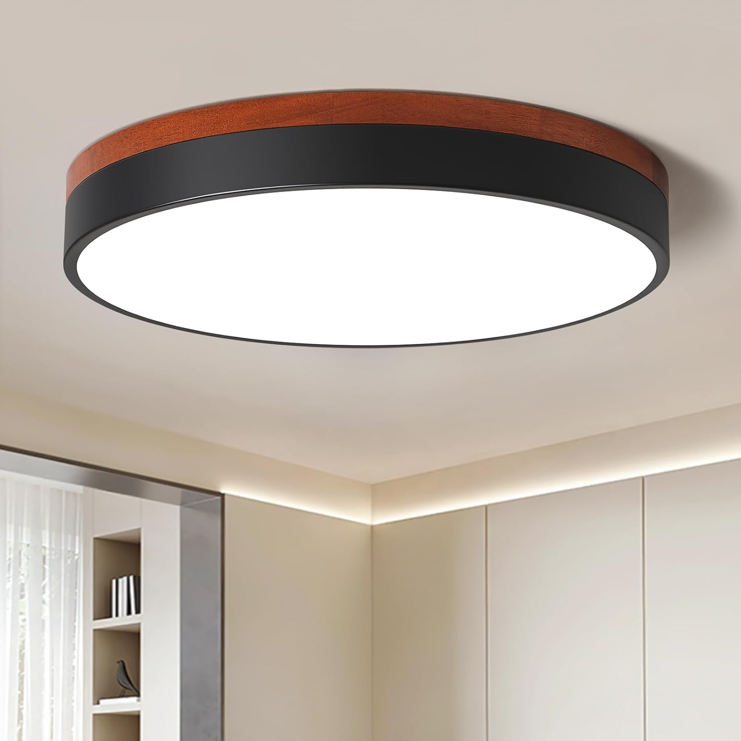 LED Ceiling Light Dimmable, Black and Wood Flush Mount Ceiling Light Fixture 5CCT in One, Minimalist Round Ceiling Lamp Modern Lighting for Kitchen, Bedroom, Hallway, Living Room, 15.7 Inch Black 15.7 inch