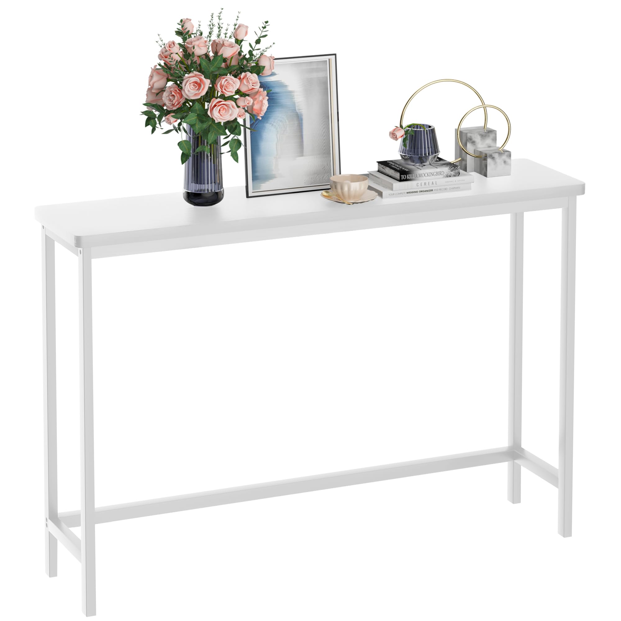 VASMIA Konsolentisch Schmal, 100 cm Bambus Beistelltisch, Flurtisch, Kleiner Ausstellungstisch, Sofatisch für kleinen Raum, für Eingang, Flur, Foyer, Wohnzimmer, weiß