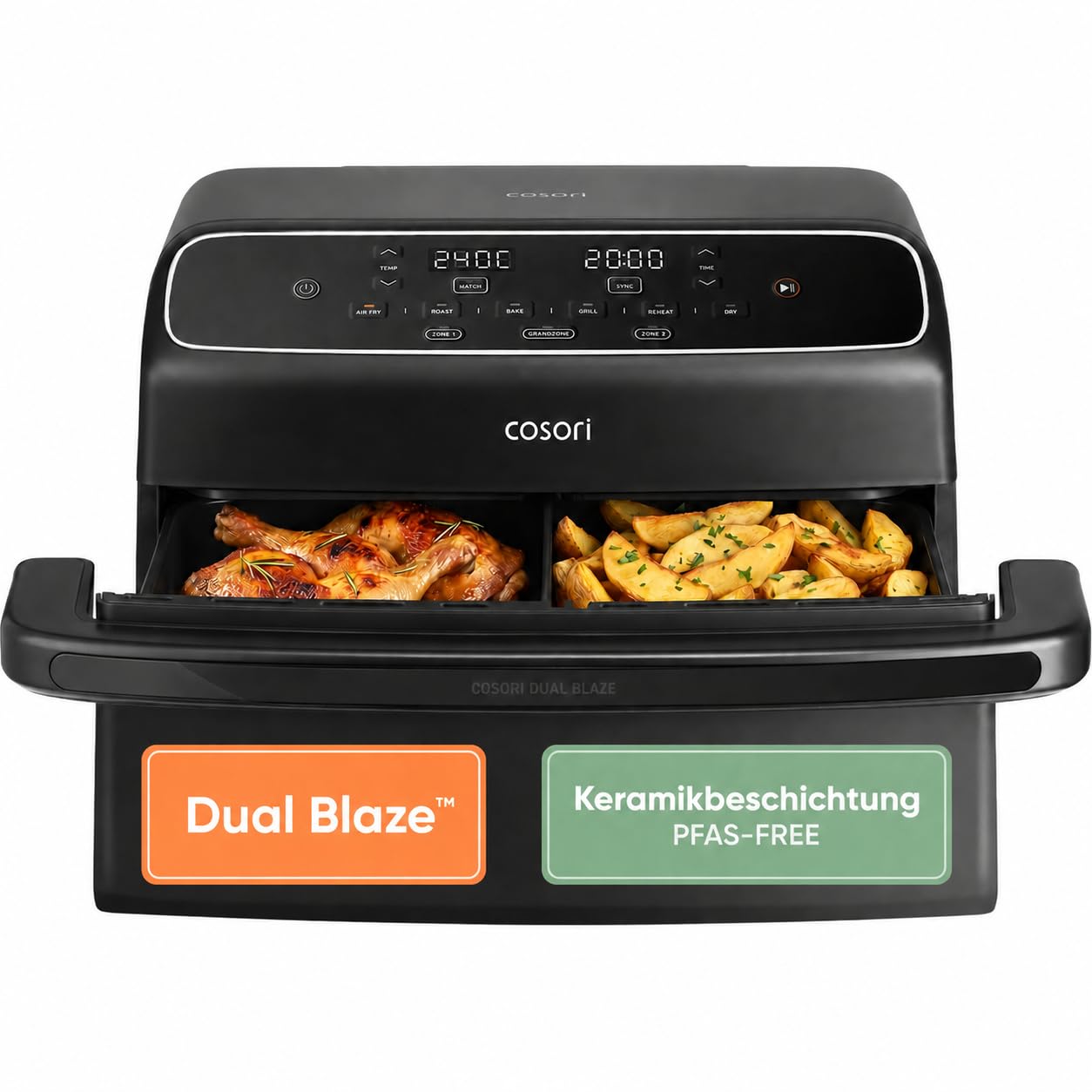 COSORI Airfryer, Heißluftfritteuse 2 Kammern Keramikbeschichtung, Dual Blaze Twinfry Compact mit 4 Heizrohren, 8,6L Flexiblen Kammern, Schwarz, TF801