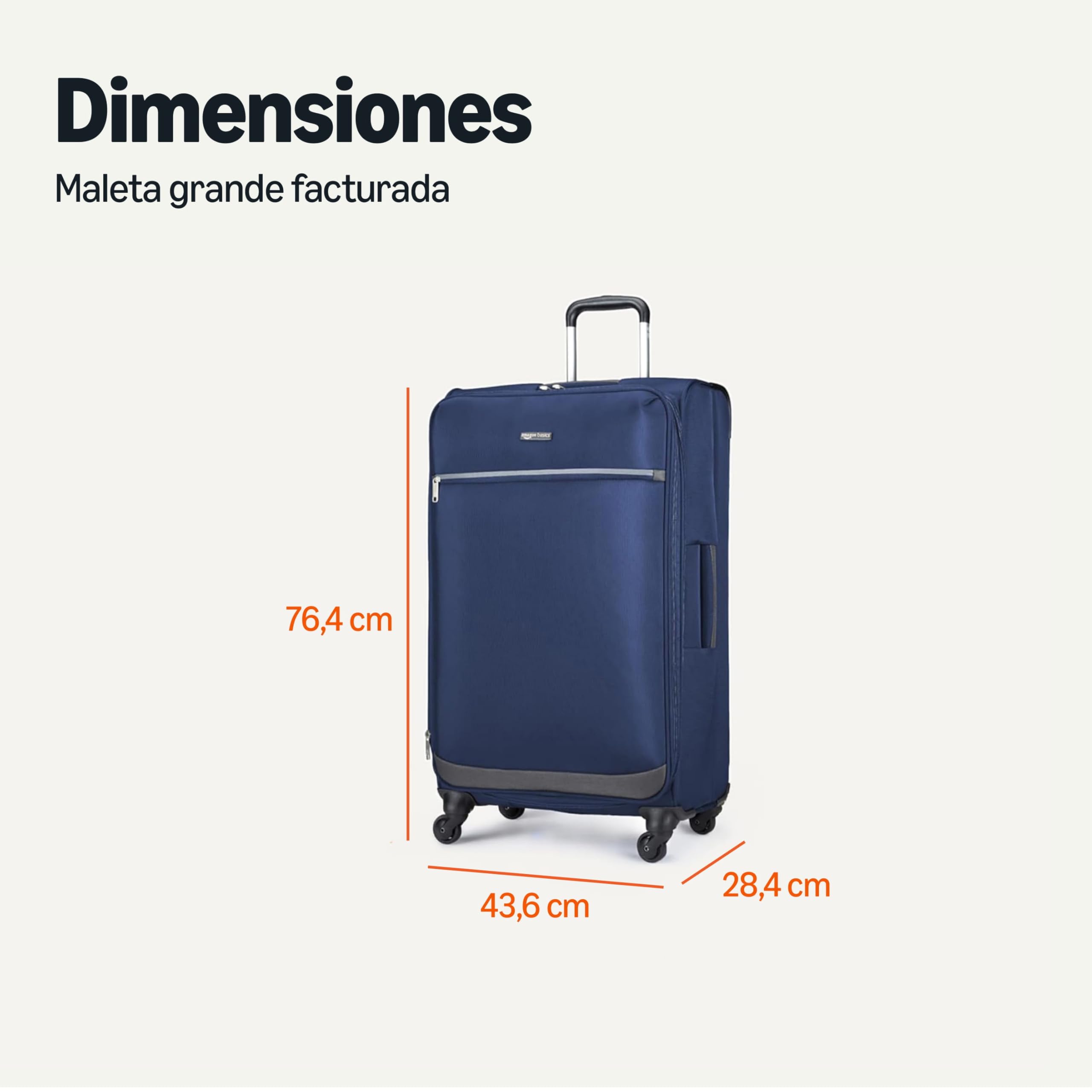 Amazon Basics Maleta Blanda Grande (76 cm), Con 4 Ruedas Giratorias Multidireccionales 360°, Expandible, Bolsillo con Cremallera y Correas, Asa Telescópica, Azul Marino