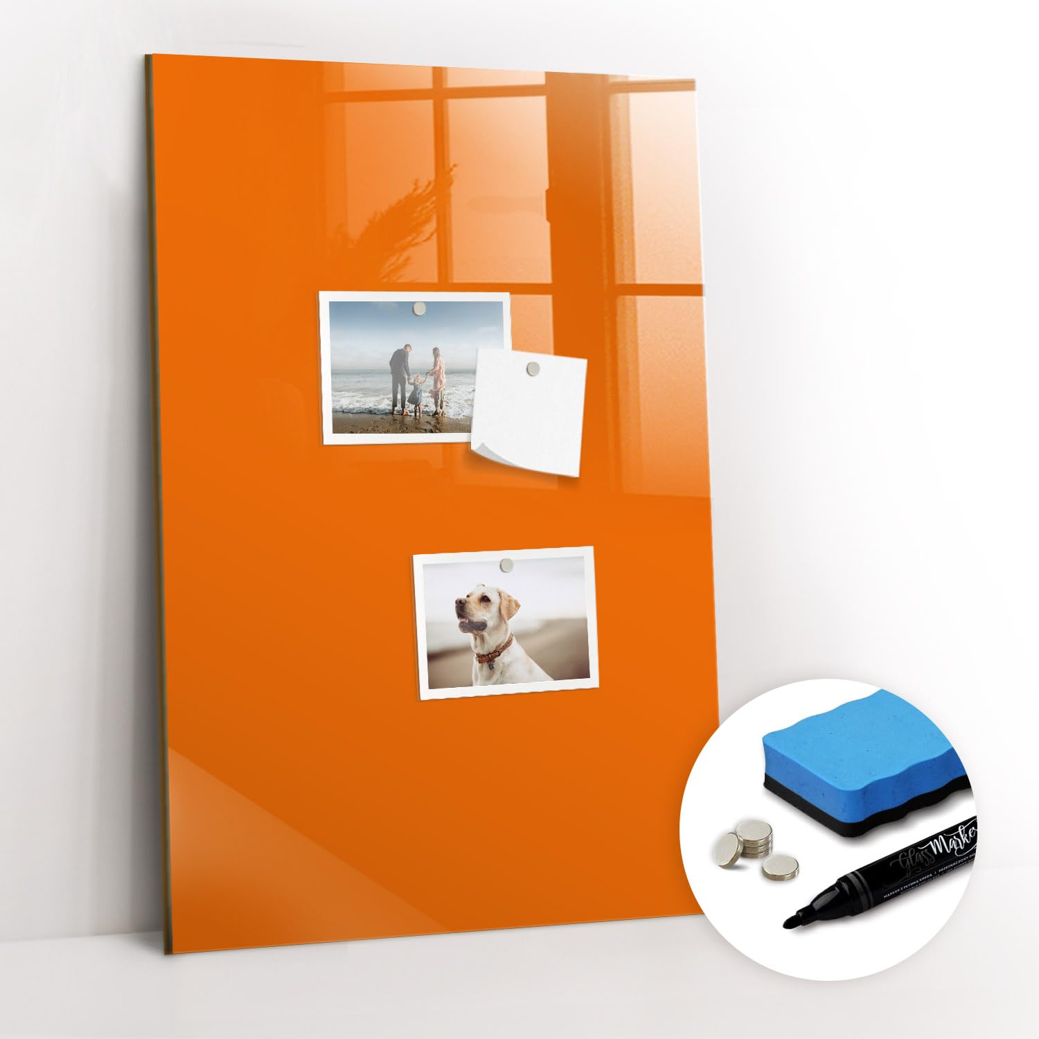 Magnettafel aus gehärtetem Glas mit Zubehör | 5 Neodym-Magnete, Marker, Schwamm | Hochwertige Schreiboberfläche | Ideal für Notizen, Fotos & To-Dos- 40x60cm - Orange Farbe