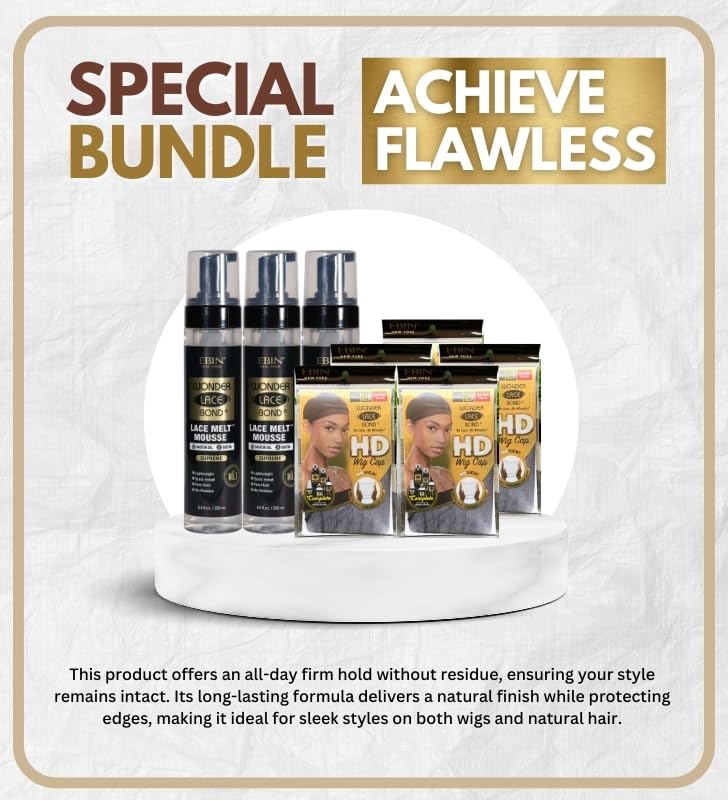 EBIN NEW YORK Lace Melting Spray – 3x Bond Lace Melt Mousse 250ml Bundle with 5x HD Wig Cap 4pcs Nude Nylon Seamless Hold & Comfortable Fit – Gift Set (8 Items)