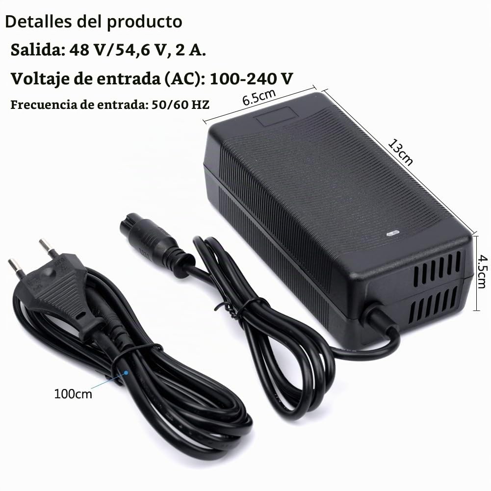 Cargador Hoverboard 54.6V 2A, Cargador Patinete Electrico 3 Pines, Adaptador de Fuente de Alimentación para 48v Batería, Cargador Universal para Scooter Eléctrico, Hoverboard, Autoequilibrado