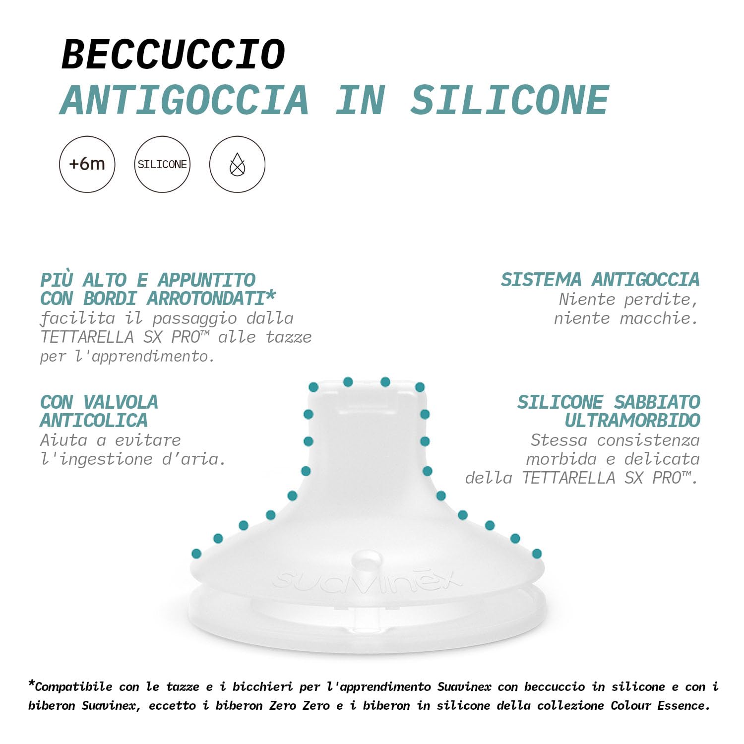 Suavinex, Bec de Rechange pour Tasses et Verres d'Apprentissage, en Silicone Sablé, Doux et Souple, Anti-fuite, Tétine SX Pro avec Valve Anti-coliques, pour Bébés +6 mois