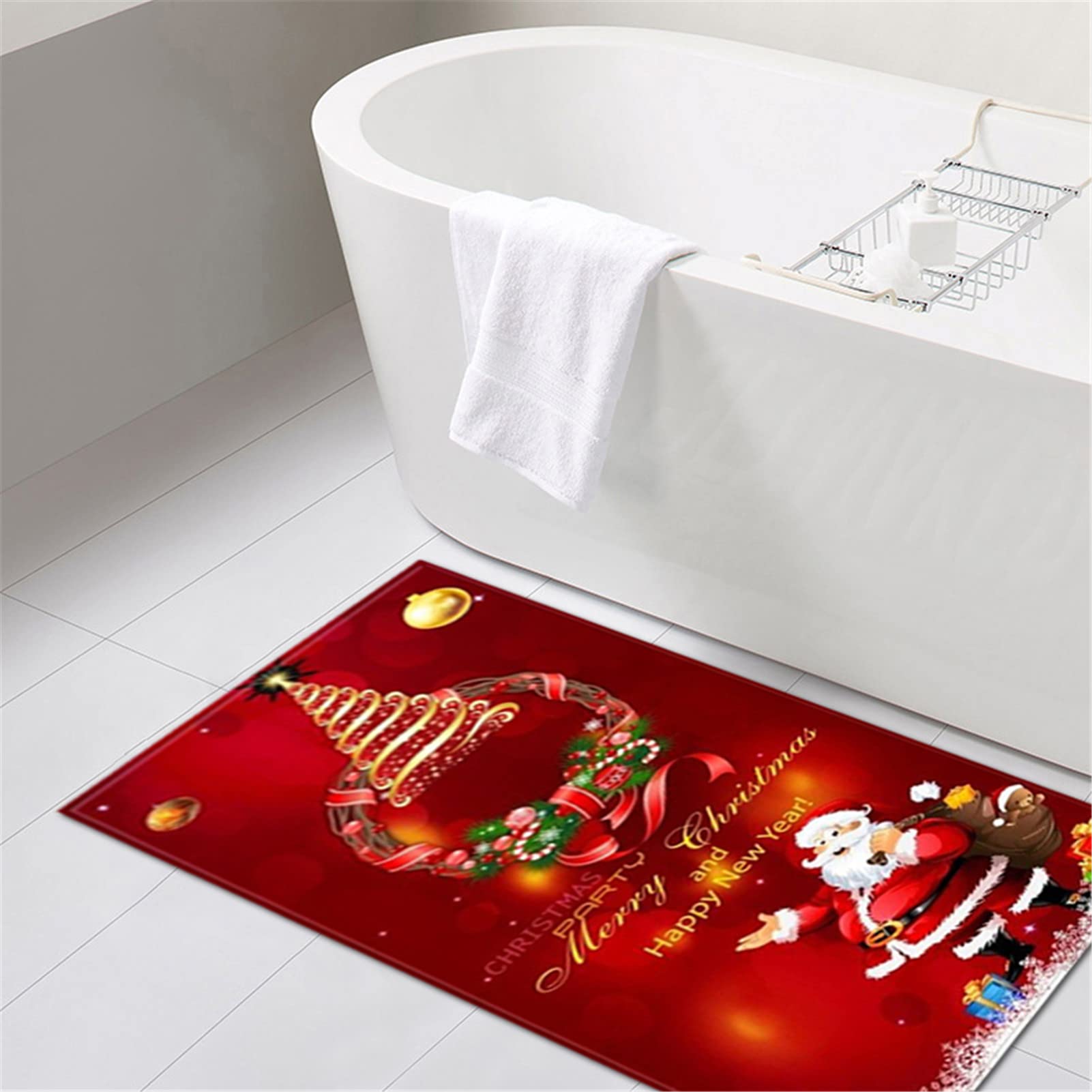 Alfombra De Navidad 3D Alfombra para Pasillo De Poliéster Alfombra Cocina Antideslizante Lavable Alfombra De Baño Felpudo De Papá Noel, Decoraciones Navideñas Rojas,60x180cm/23.6"x70.8"