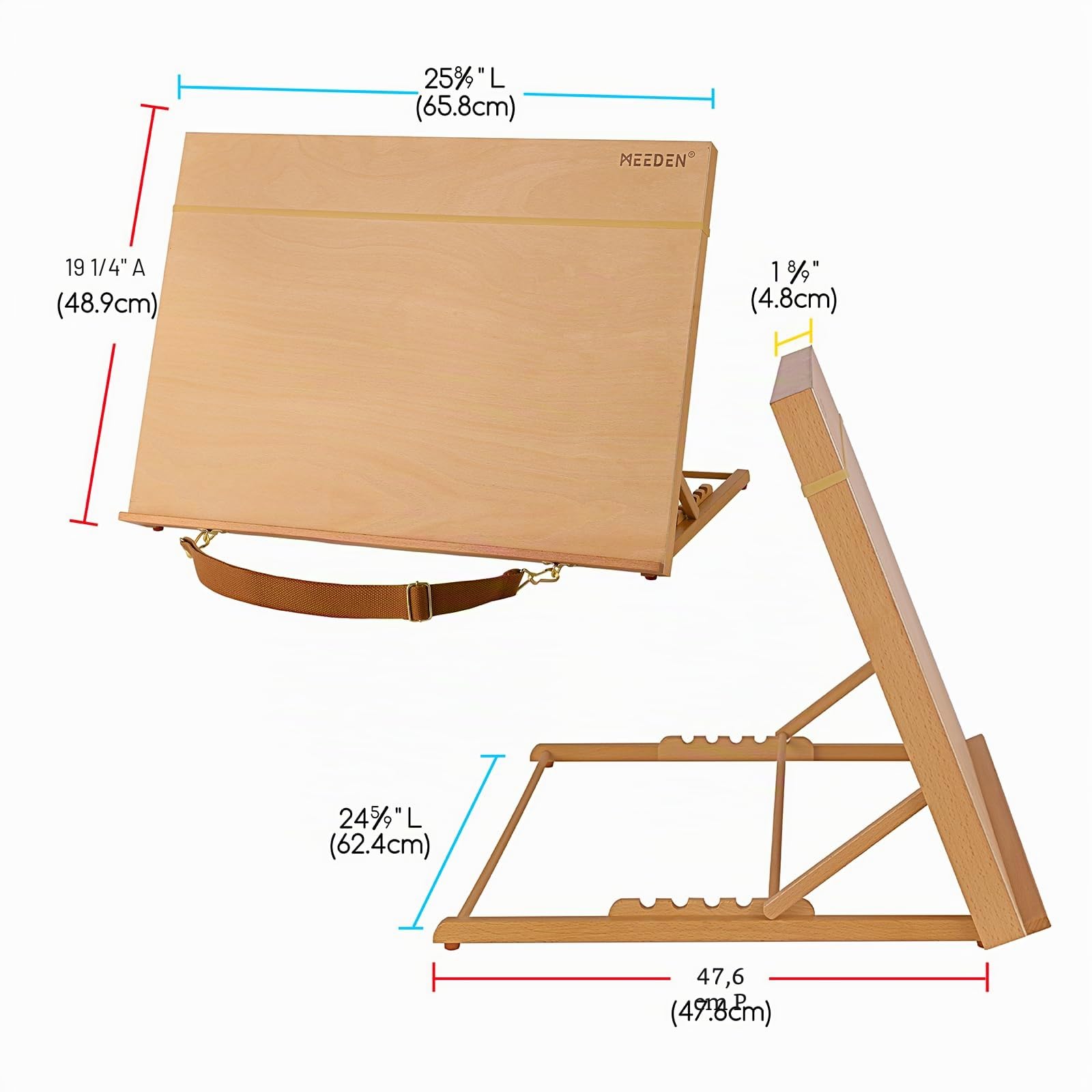 MEEDEN Cavalletto da scrivania regolabile Art Stand: cavalletto da disegno A2 a 5 posizioni, cavalletto da tavolo portatile con cintura per il trasporto, robusto cavalletto da tavolo in legno di
