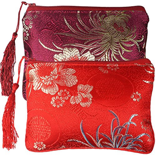 kilofly Chinese Silk Brocade Padded Tassel Zipper Jewelry Pouch Bag, Set of 2