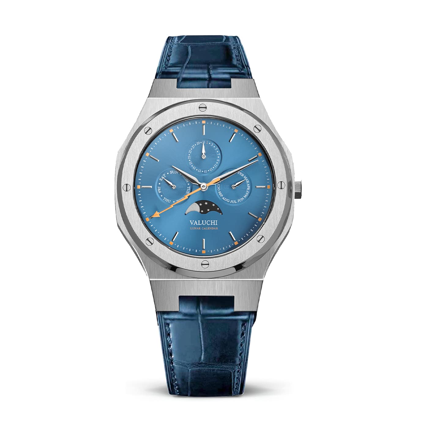 Valuchi Luxury Fashion Men's Lunar Calendar Waterproof Stainless Steel Moonphase Sapphire Glass Japa