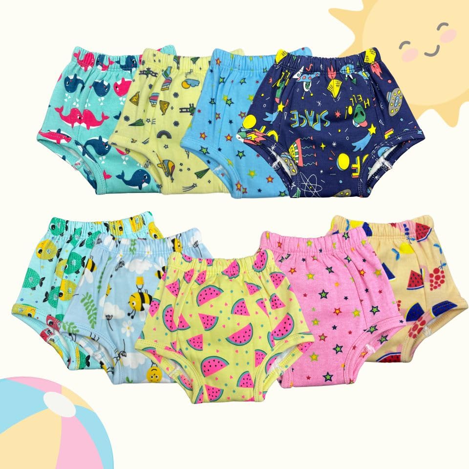 Image of Soft Cotton Padded Diaper Pants for Babies - Reusable Leak-Proof Potty Training Underwear with 3-Layer Absorbent Protection & Gentle Elastic Waistband | Pack of 9 (MultiColor, Size M (6-9 Kg))