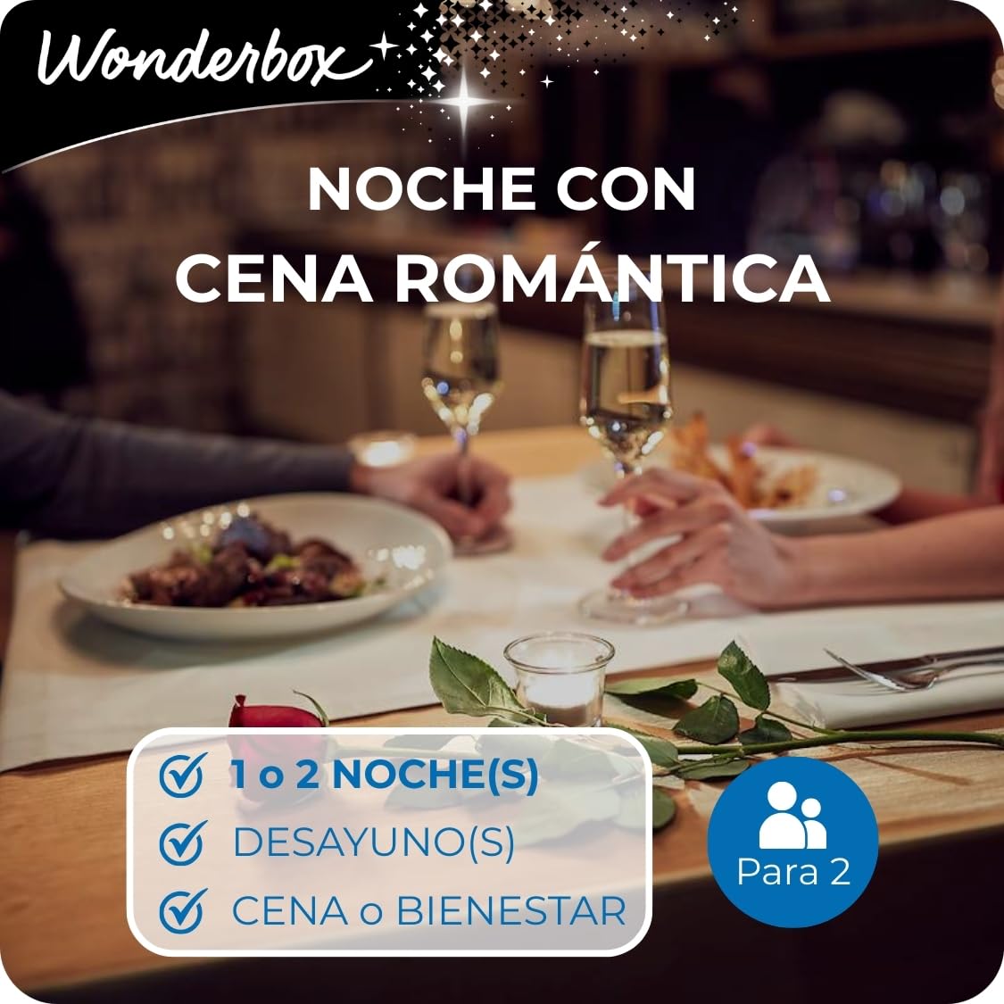 Wonderbox - Caja Regalo - NOCHE CON CENA ROMÁNTICA - 3.600 hoteles en España y Europa | 1 noche con desayuno y cena - Más de 3500 estancias - Hoteles de 4*, palacetes, posadas